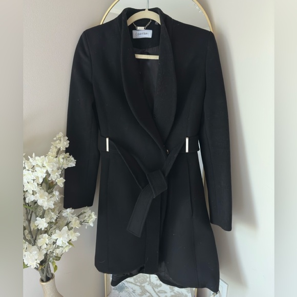 Calvin Klein Faux Fur Collar Black Belted Wrap Coat - Picture 3 of 13